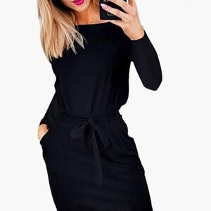 BLACK Dress for Women Casual Long/Sleeve Belted Sheath Pencil Dress